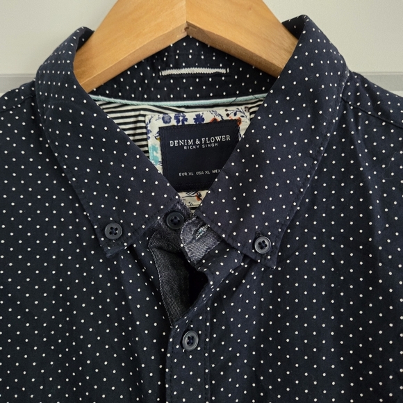 Denim & Flower Navy Blue Polka Dot Xl Men's Short Sleeve Button Up Dress Shirt - Picture 3 of 9